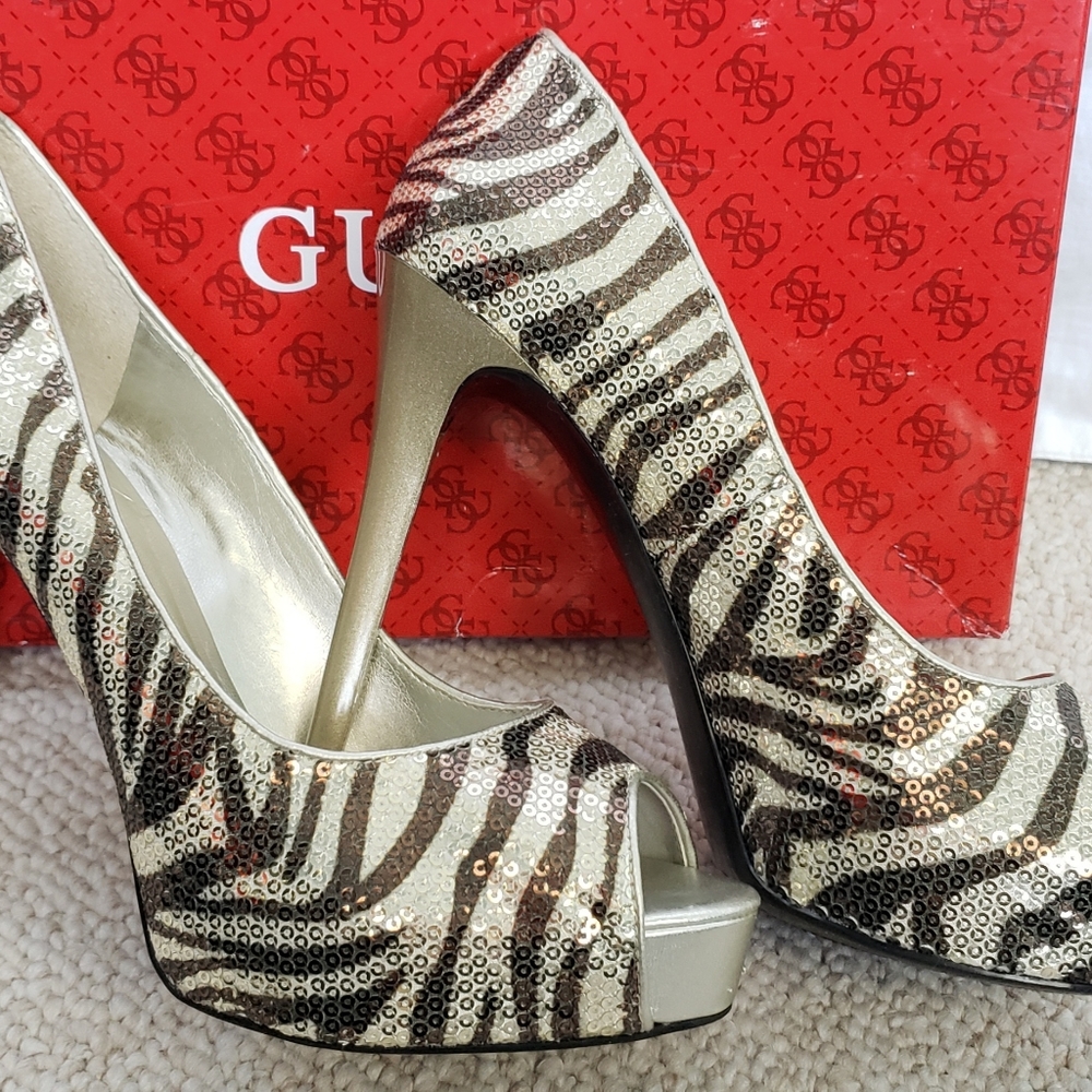 Guess Sequined Zebra stripe Peep Toe Heels